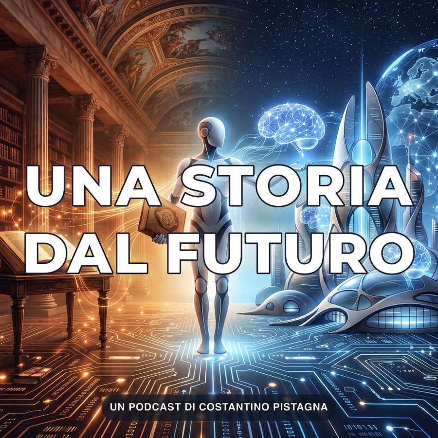 Copertina del podcast Una storia dal futuro: una biblioteca antica a sinistra e una città futuristica a destra, con al centro un robot che regge un libro